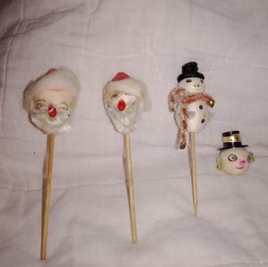 Mid Century Modern Christmas Cotton Spun Santa Snowman Cake Cupcake Topper Lot
